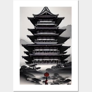 Japanese temple with monk,sumi-e ink painting Posters and Art